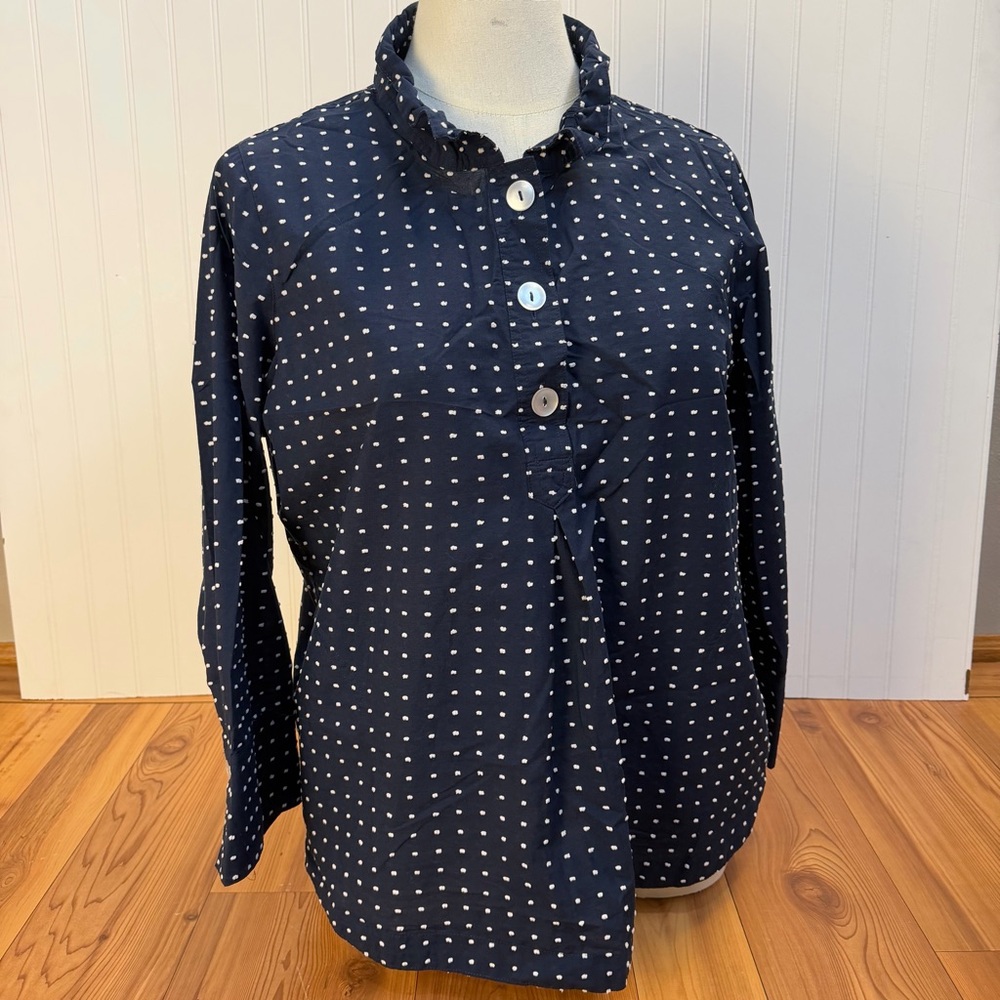 Appleseed’s Woman Tunic Top 1X Navy Swiss Dot Ruffle Neck Cotton Blend Pockets